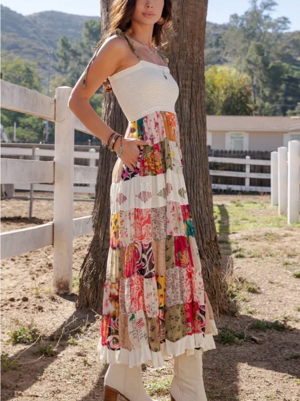 K159 Young Threads Sz S Smocked Bodice Patchwork Maxi Dress Pockets Lined NWT - Picture 3 of 16